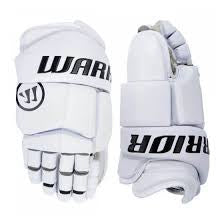 White lacrosse gloves with the word Warrior on them.